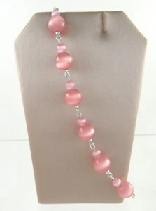.925 Sterlingsilber Katzenauge Perlen Armband Rosa Glasperlen 7-8 Zoll Verstellbar - Bild 1 von 2