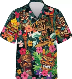 Tiki Mask Hawaiian Shirt for Men - Women Tribal Short Sleeve Size S-5XL - Picture 1 of 1