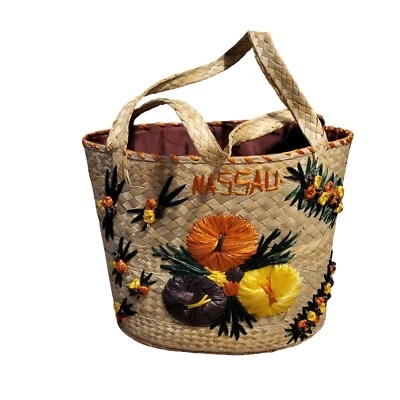 Vintage Hand-woven Straw Tote Bag With Floral Embroidery Nassau The Bahamas - Image 1 of 4