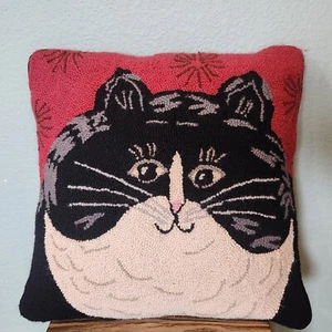 Warren Kimble Jellicle Cat Hook Pillow Black & White Kitty Velvet Back 16x16" - Picture 1 of 4