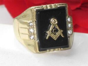 Mens gold masonic ring onyx black signet military stainless steel 18kt X027