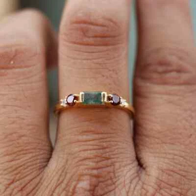 Garnet & Moss Agate Ring 925 Sterling Silver Gold Vermeil Ring Solitaire Ring - Image 1 of 4
