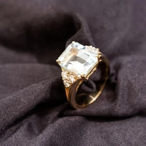 5.50 Ct Natural Aquamarine & Diamond Anniversary Ring 14K Solid Yellow Gold - Picture 1 of 9