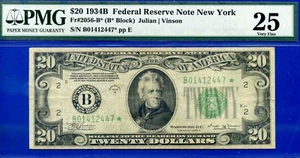 1934B $20 Federal Reserve Note PMG Very-Fine 25 Vinson Star FR-2056-B* - Picture 1 of 2