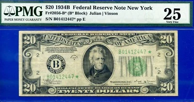 1934B $20 Federal Reserve Note PMG Very-Fine 25 Vinson Star FR-2056-B* - Image 1 of 2