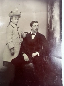 Victorian Man & Young Girl in Winter Coat Feathered Hat 1860s Tintype Photo - Picture 1 of 9