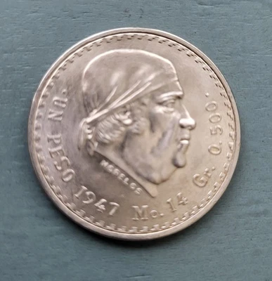 1947 México 1 peso, 0,500 moeda de prata, "Cacheton", chefe de José Morelos UA  - Imagem 1 de 2
