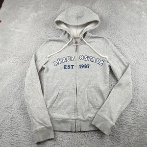 VTG Y2K Aeropostale Hoodie Womens M Gray Full Zip Up Varsity Patch Spellout Logo - Picture 1 of 23