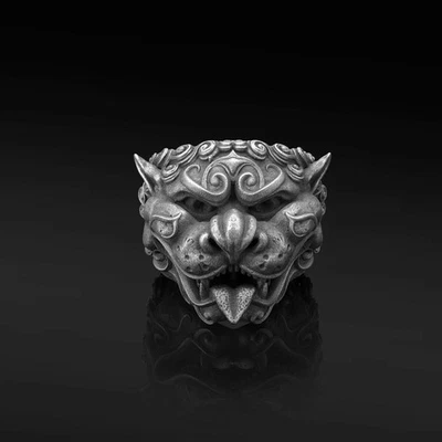 Joia masculina prata esterlina 925 anel leão foo cachorro guardião asiático declaração - Imagem 1 de 4