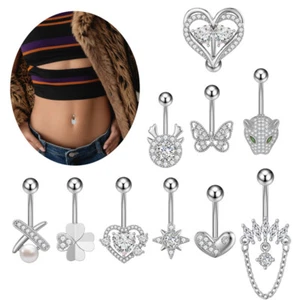 Fashion Belly Button Rings Simple Stainless Steel Heart Navel Piercing Barbell - Zdjęcie 1 z 32