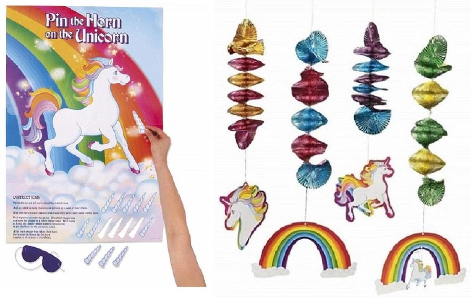Pin The Horn On The Unicorn Party Game & Unicorn Rainbow Dangling Spirals Decor - Image 1 of 1