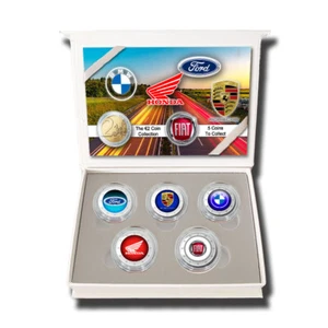 2 Euro Coloured Coin Set of 5 Car Brands - Ford Fiat BMW Porsche Honda in a Box - Picture 1 of 9