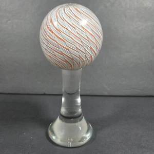 Art Glass Latticino Striped Ribbon Paperweight on Clear attached Pedestal - Picture 1 of 11