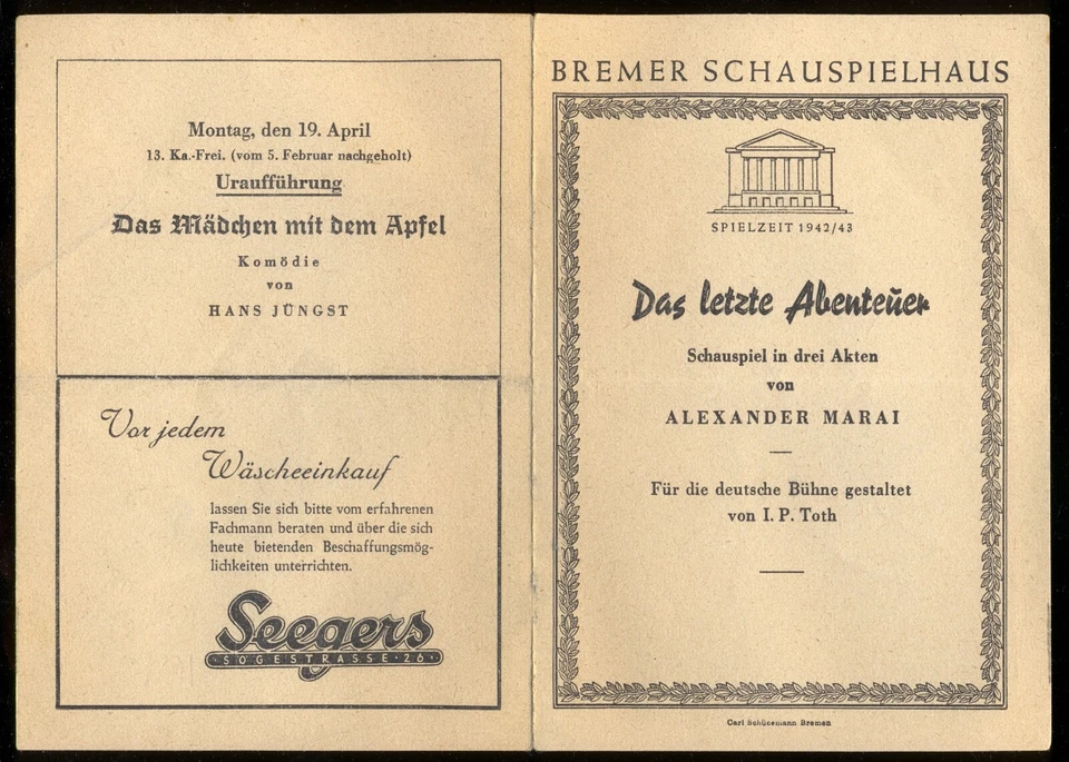 MARAI★DAS LETZTE ABENTEUER★Bremer Schauspielhaus 1942/43★Engels★Tannert★Björnson - Bild 1 von 2