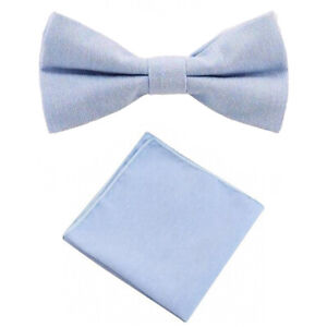 New Pale Blue Cotton Pre-Tied Bow Tie & Pocket Square Set. Great Quality. UK