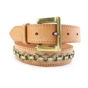 Calvin Klein Waist Belt Women Medium Tan Leather Brass Chain Detail Buckle Adj - Picture 1 of 19