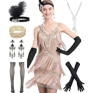 Vestido Flapper Años 1920 Gatsby Borla Sway Baile Vestido con 20 Access Set Sm Oro - Imagen 1 de 5