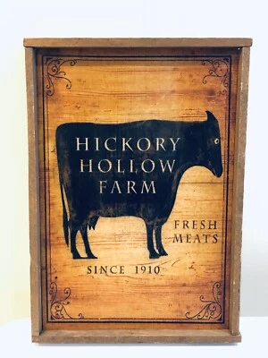 Hickory Hollow Farm “Fresh Meats” Wooden Sign Placard with Black Cow Print - Image 1 of 3