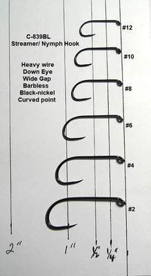 50- Streamer-Nymph Hooks C-839BL 6 Sizes available Heavy wire Barbless  - Image 1 of 2