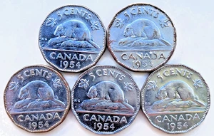 UNCIRCULATED 1954 CANADIAN Nickels * LOT of Five (5) Coins: ALL FIVE DATED 1954 - Picture 1 of 4