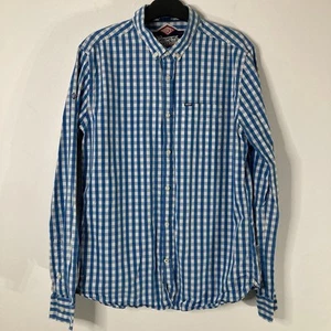 Superdry Men’s Gingham Check Shirt Blue White Long Sleeve Size L Casual Cotton - Picture 1 of 6