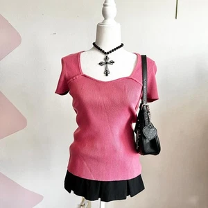 Pink Ribbed Sweetheart Neckline Top, Y2K, Coquette, Medium, Soft Girl, Romantic - Picture 1 of 4