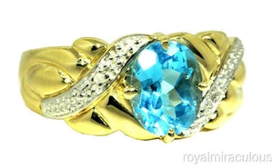 Rylos 925 Silver Ring Blue Topaz & Diamond 9X7MM Gemstone December Birthstone - Picture 1 of 7