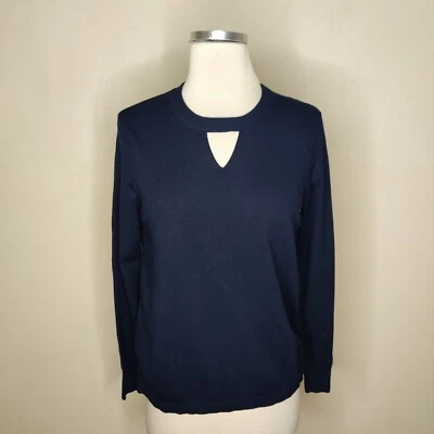 KAREN MILLEN Sweater Sheer Chiffon Back Keyhole Neck Size 2 (Small) Dark Blue - Image 1 of 4