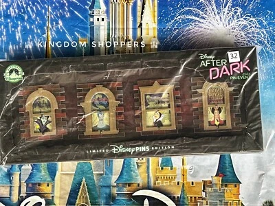 Juego de 4 prendedores 2024 Disney After Dark Villainous Views Main Street Windows LE 300 Foto 1 de 4