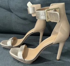 CALVIN KLEIN VABLE TAN & ROSE GOLD LEATHER MINI PLATFORM HIGH HEEL SANDAL SIZE 8 - Picture 1 of 10