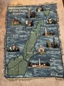 VTG Lighthouses of Door County Wisconsin Blanket Green Bay WI Tapestry Northern - Picture 1 of 6