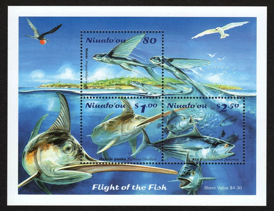 NIUAFO'OU, SCOTT # 230-232 (232A), MNH SOUVENIR MINI SHEET - FLIGHT OF THE FISH - Image 1 of 1