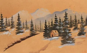 Antique realist gouache painting forest hut landscape - Picture 1 of 11