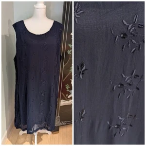 90s/Y2K Avenue Damen 28/3X dunkelblau Kleid Blumen bestickt ärmellos - Bild 1 von 9