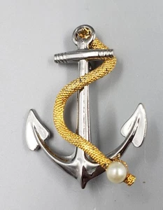 USN Kipper's Choice Nautical Silver/Gold-Tone Anchor Rope Faux Pearl Pin Brooch - Picture 1 of 4