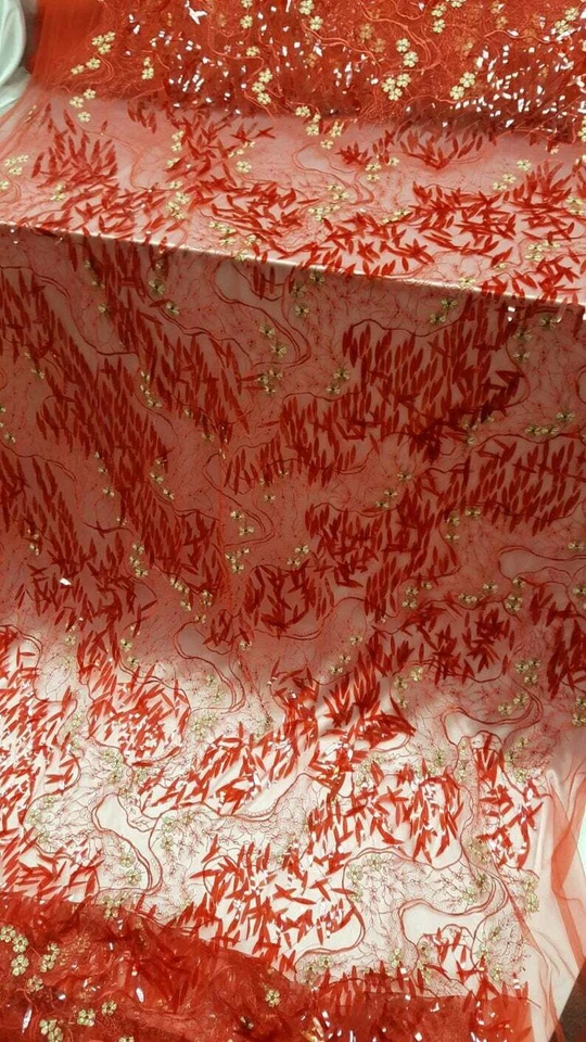 3d Sequin Lace Red Embroidered floral gold flowers long Red Sequin on mesh By Yd - Image 1 of 4