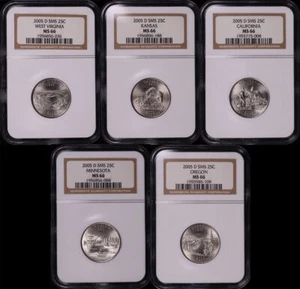 2005-D SMS WV, KS, CA, MN, & OR State Quarter 5 Coin Set NGC MS-66 - Picture 1 of 2