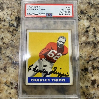 1948 Leaf #29 Charley Trippi Signed HOF Rookie Card PSA 1 Auto 10 Cardinals - Image 1 of 2