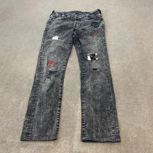 True Religion Jeans Mens 28 Black Rocco Skinny Distressed Skull Acid Wash Patch - Picture 1 of 14