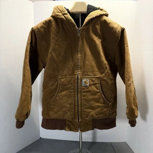 Carhartt Canvas Jacket Youth Medium 10-12 Brown Coat Quilted Hooded Distressed - Picture 1 of 13