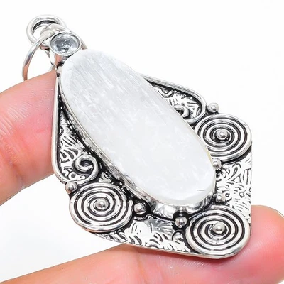 Selenite, Bianco Topazio Gemma Argento Sterling 925 Ciondolo Gioielli 7cm - Immagine 1 di 4
