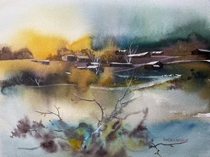 9”x11.5” Pamela Wilhelm Original Aquarell Tule Nebel Scheunen Land Landschaft - Bild 1 von 4