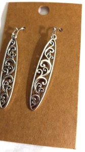 Silver Tone Earrings Skinny Oval Dangles 2.25 Inch Drop Swirls Filigree Look - Picture 1 of 3