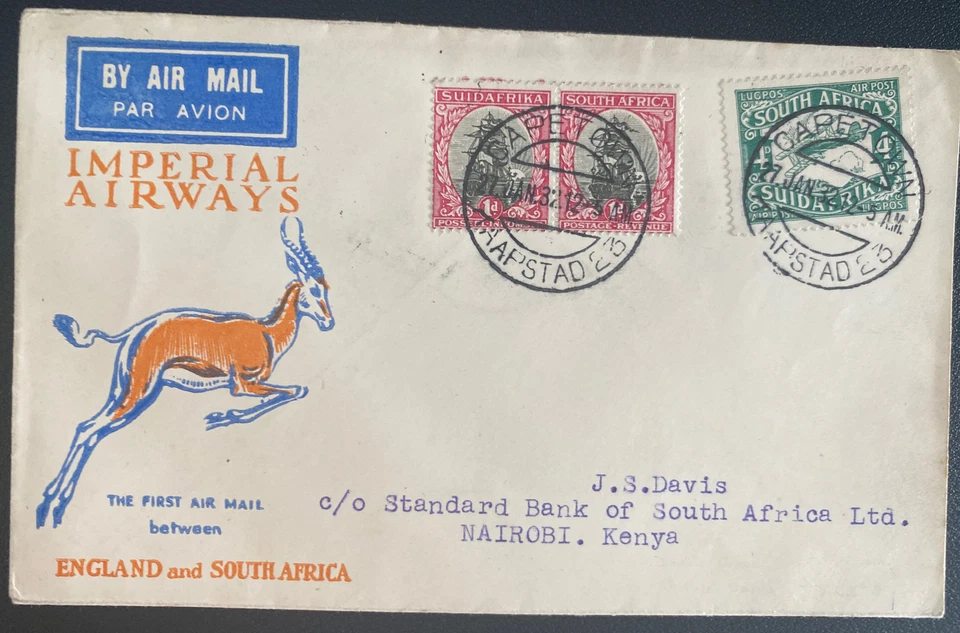 1932 Ciudad del Cabo Sudáfrica Primer Vuelo Correo Aéreo Cubierta a Nairobi Kenia KUT Foto 1 de 2