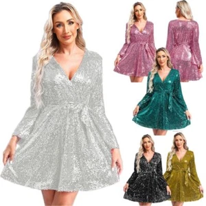 Women Glitter Sequin Dress Long Sleeve Deep V Neck Mini Dress Formal Party Gowns - Picture 1 of 55