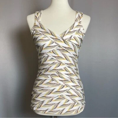 Camiseta sin mangas WHBM entrecruzada con cuello en V blanca amarilla negra elástica XS Foto 1 de 4