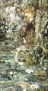 Edward Atkinson Hornel "Water Lillies" Green Artwork PAPER or CANVAS Fine Art - Photo 1/4