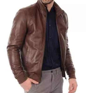 Men's Bomber Leather Jacket Distressed Brown Biker Real Lambskin Jacket - Picture 1 of 3