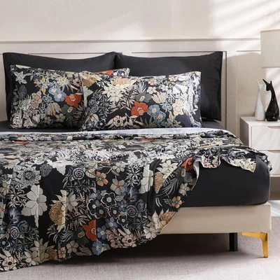 Floral King Size Bed Sheet Set, 6 Piece, Deep Pocket Black Fitted Sheet, Comf... - Image 1 of 4