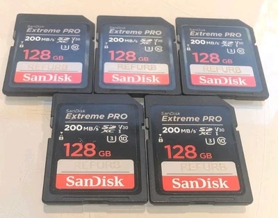 Lot Of 5ea SanDisk 128GB Extreme Pro SD 200MB/s SDXC V30 3U Class 10 Black  - Image 1 of 3